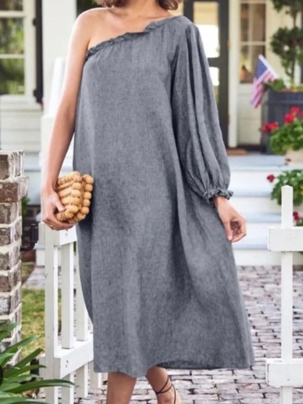 LAKE Milly One Shoulder Linen Oversized Chambray Midi Dress SIZE XS